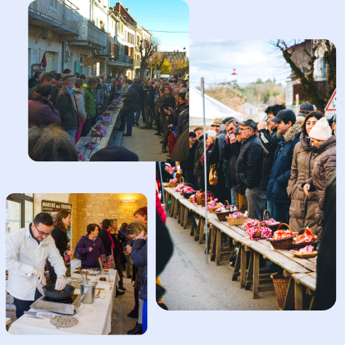 Mosaïque de photos du marché au truffes de Lalbenque